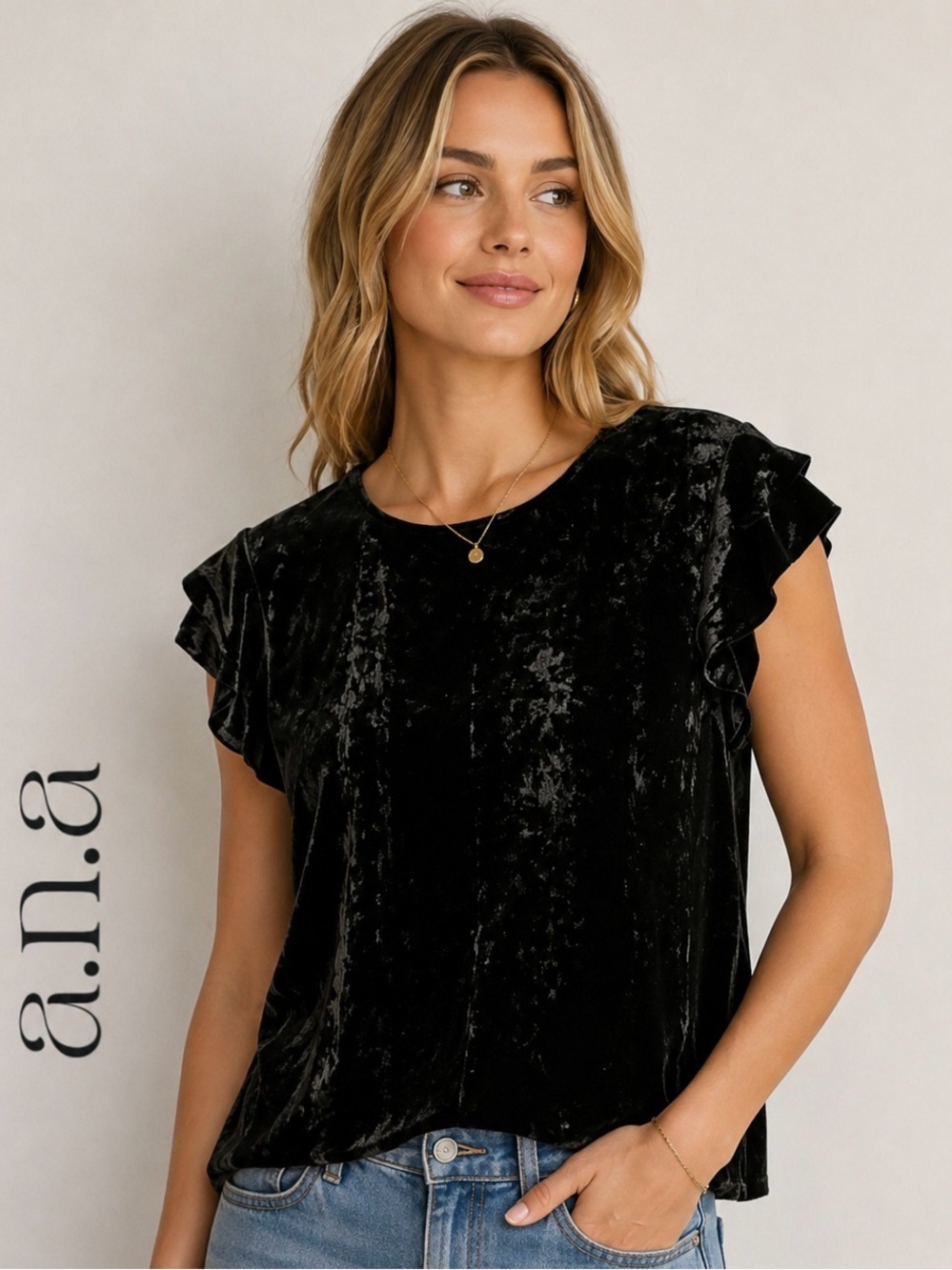 a.n.a NWT Black Velvet Ruffle Sleeve Top